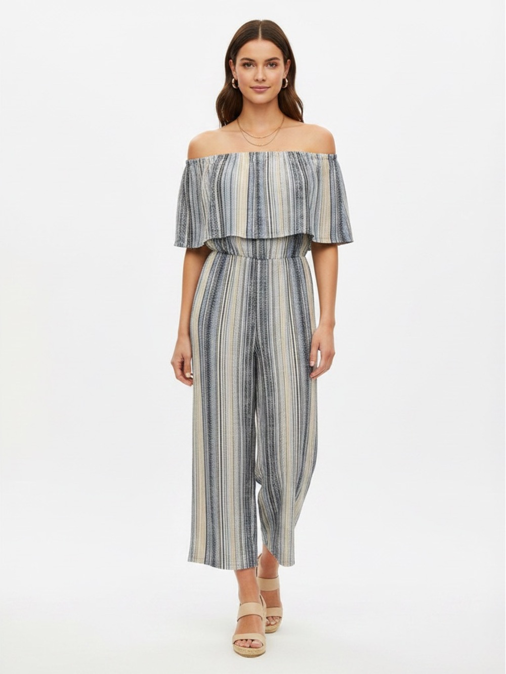 Kingston Strapless Striped Wide-Leg Jumpsuit in Blue and Cream